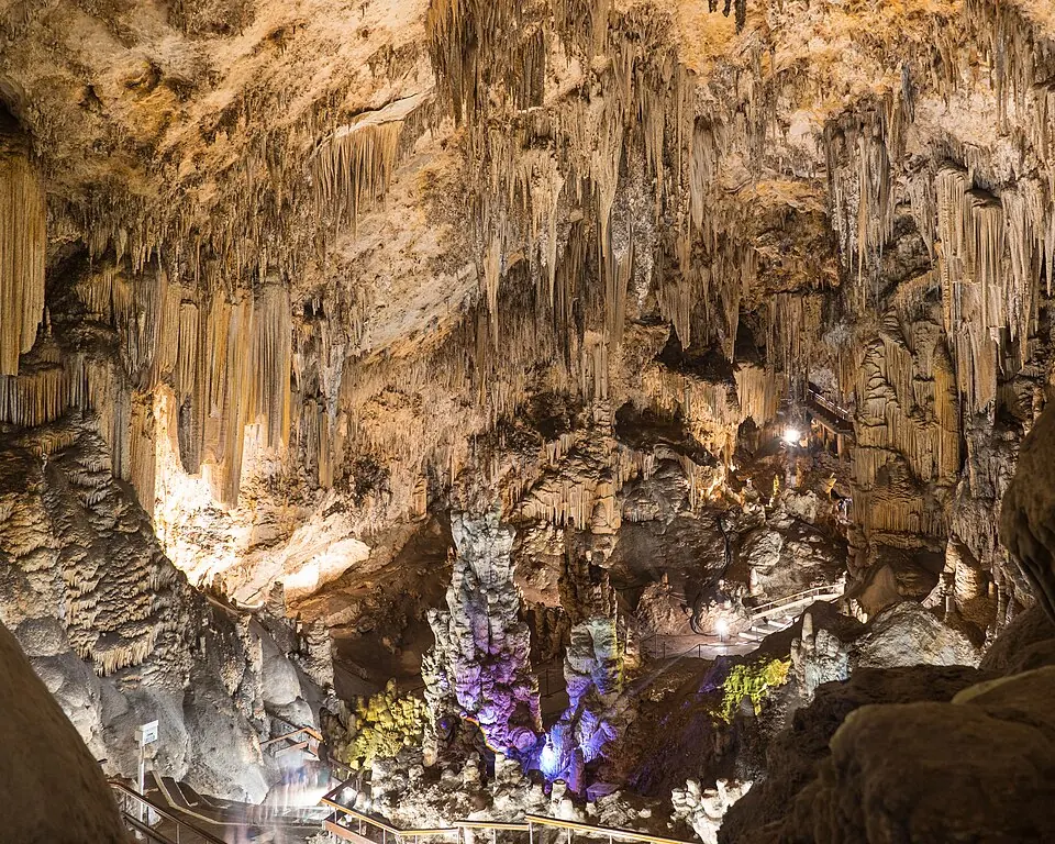 Stalactites and stalagmites in the Nerja Cave.