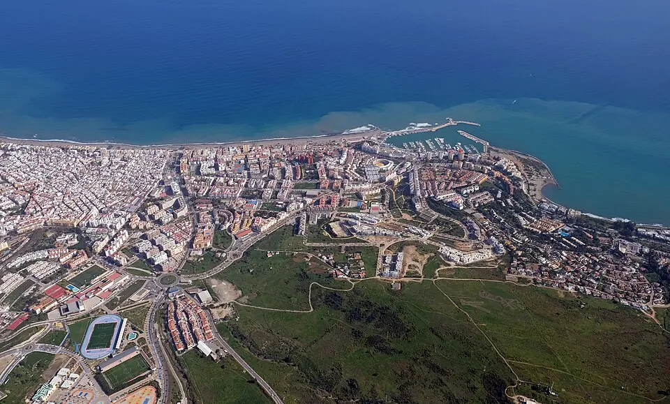 Estepona from the air: old town, harbour and beaches.
